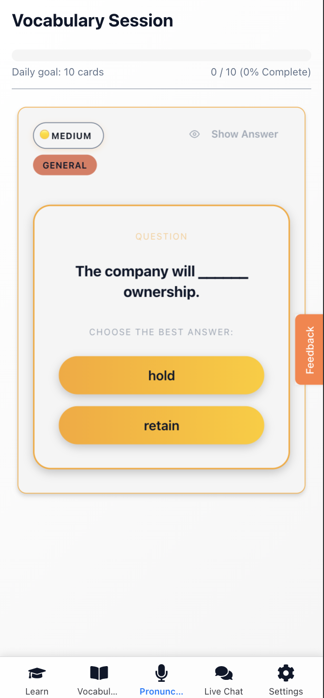 FluentSphere advanced vocabulary screen