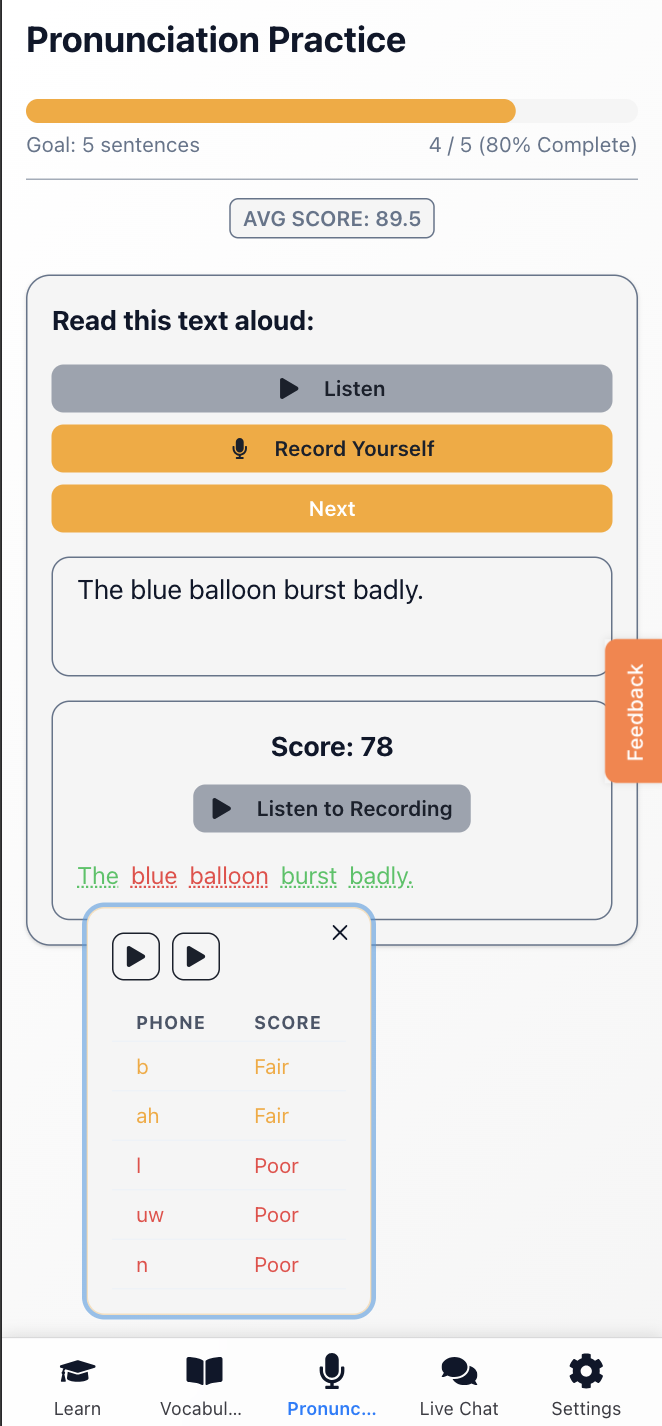 FluentSphere pronunciation feedback screen